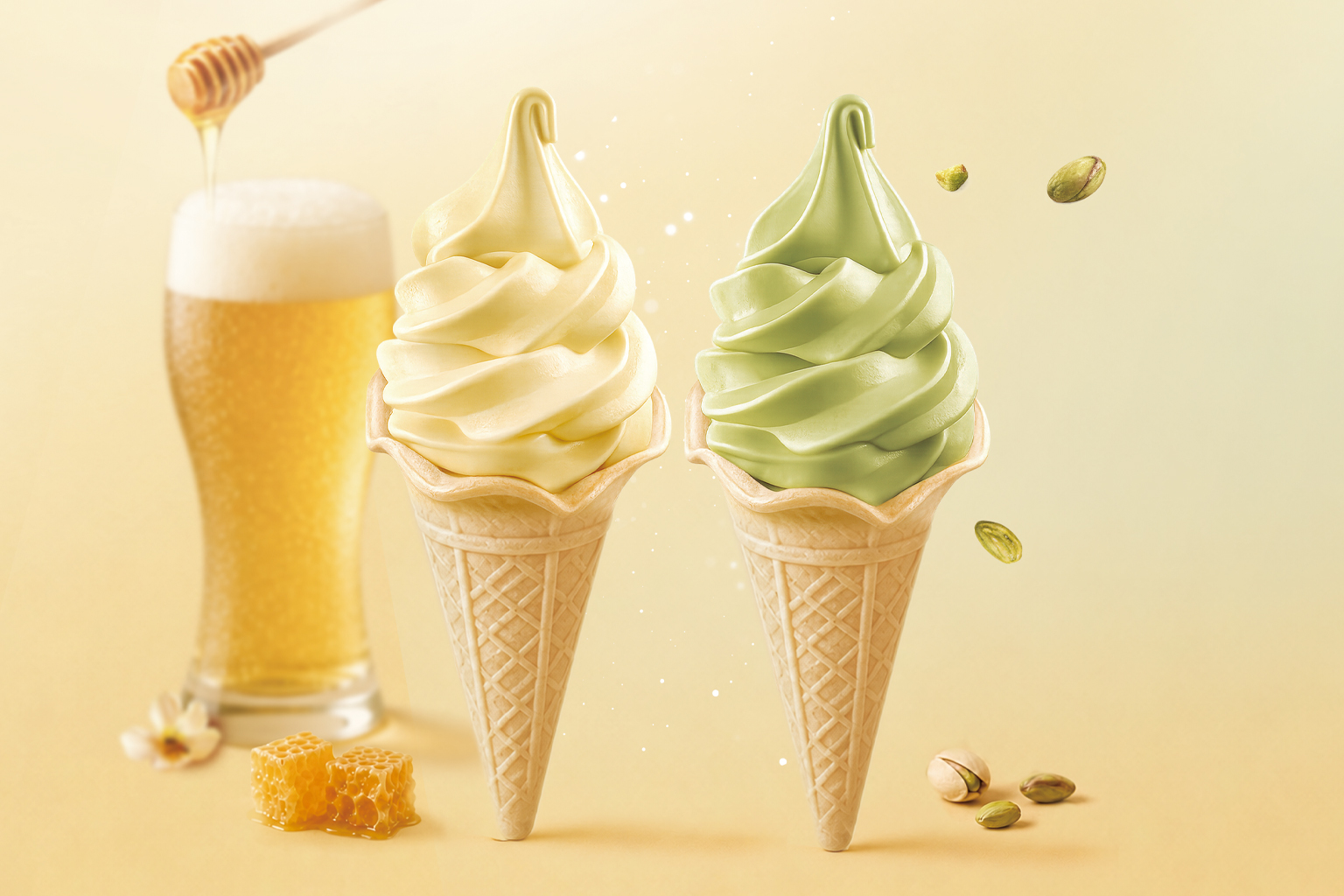 大人系霜淇淋來了！開元食品推蜂蜜啤酒、開心果兩款風味新品 從吃冰到拍冰 以無酒精微醺氛圍及精品甜點感搶占社群話題